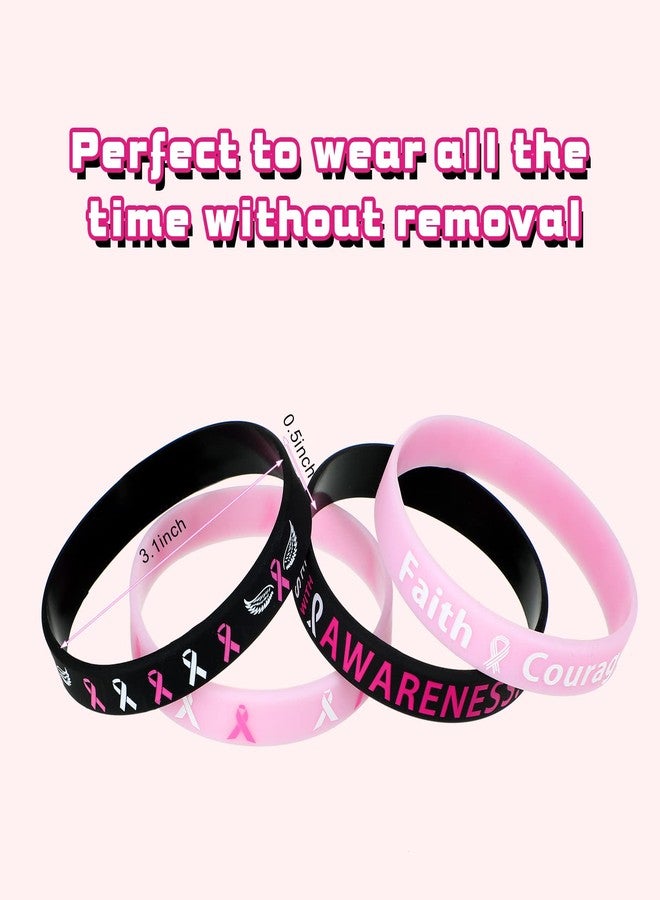 Minatee 100 Pcs Breast Cancer Awareness Bracelets, Pink Ribbon Silicone Wristbands with Hope Faith Strength Courage Support Black Breast Cancer Party Favors Gifts for Women(Classic) - Image 4